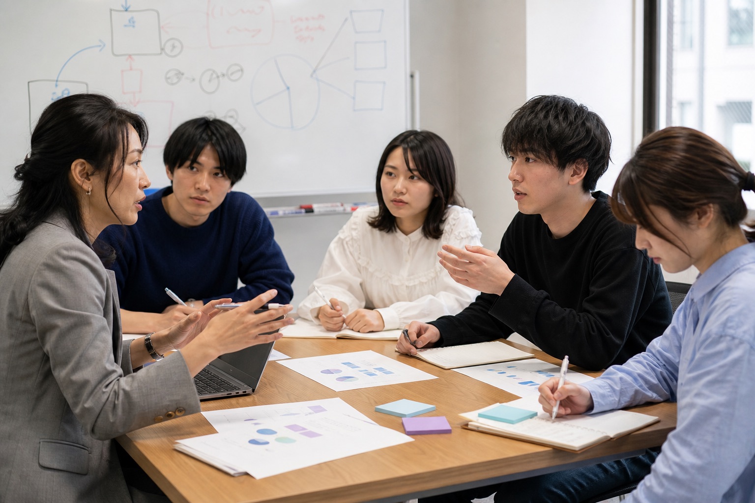 企業社員から提案へのフィードバックを受ける学生チーム
