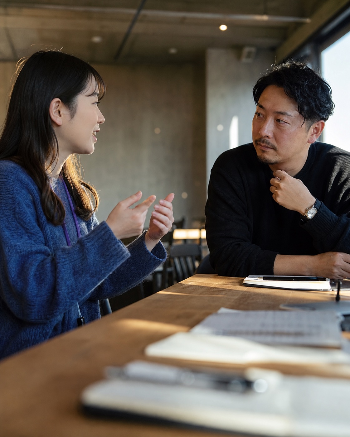 イベント後に学生と社員が一対一で対話する様子