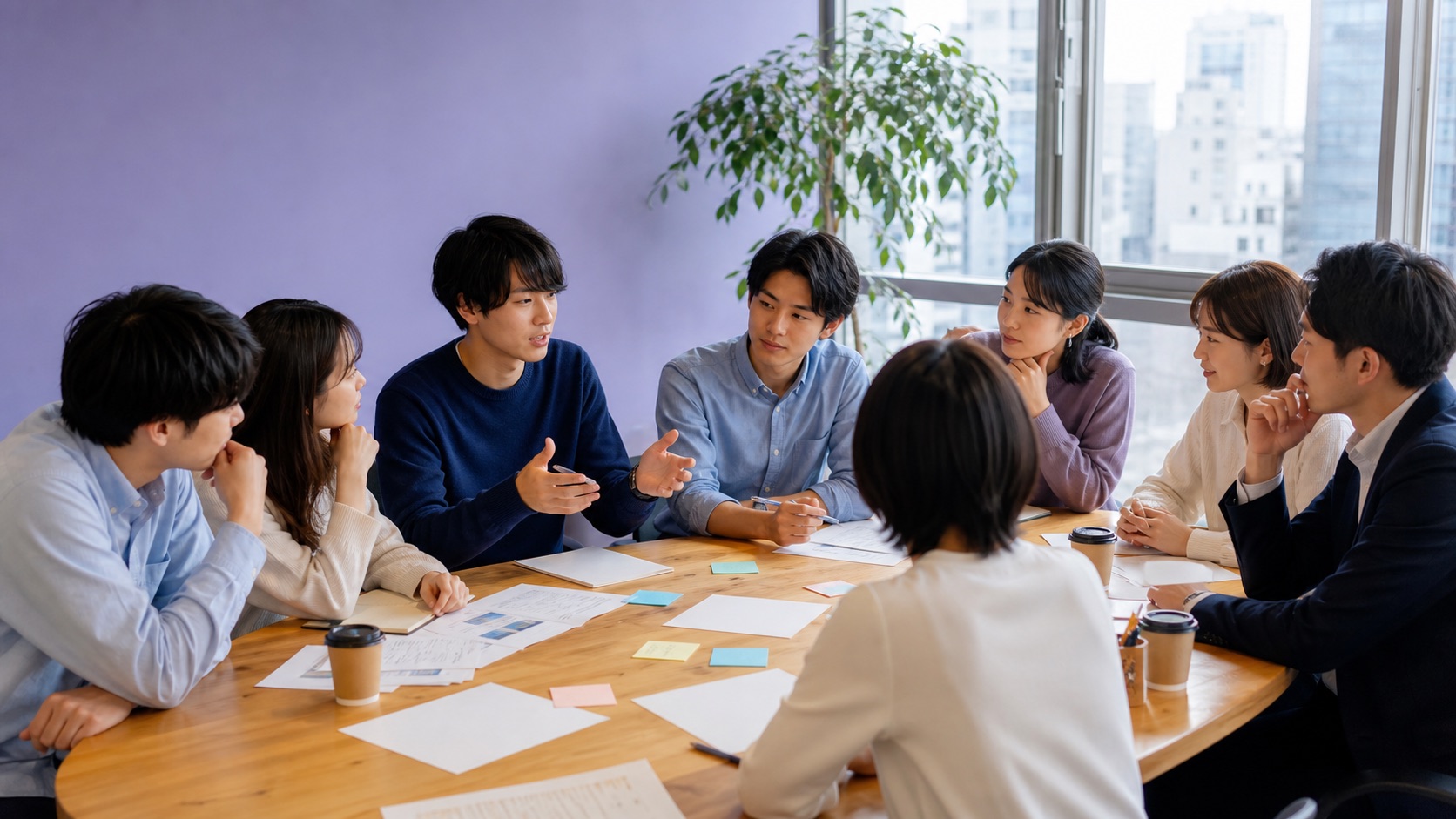 学生と若手社会人が同じテーブルで事業課題について議論する様子