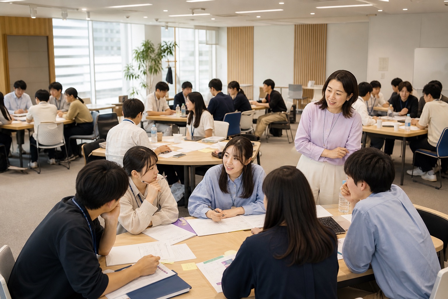 企業オフィスで複数チームに分かれて取り組むキャリア教育ワークショップ